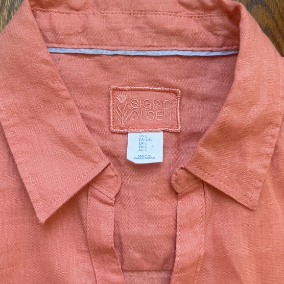 Sigrid Olsen Coral V-Neck Button-Down Linen Roll tab Sleeve Top - large-New - Picture 2 of 6